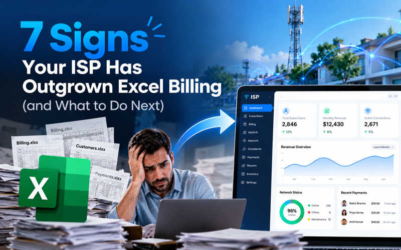 ISP operator comparing an Excel billing sheet with an ISP billing software dashboard